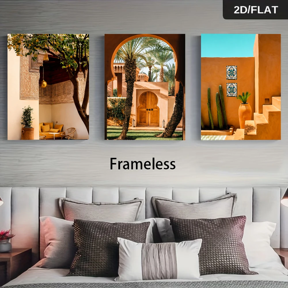 3PCS Frameless,One set of Moroccan-style triptych frameless paintings for living room sofa background wall decoration (2D flat)