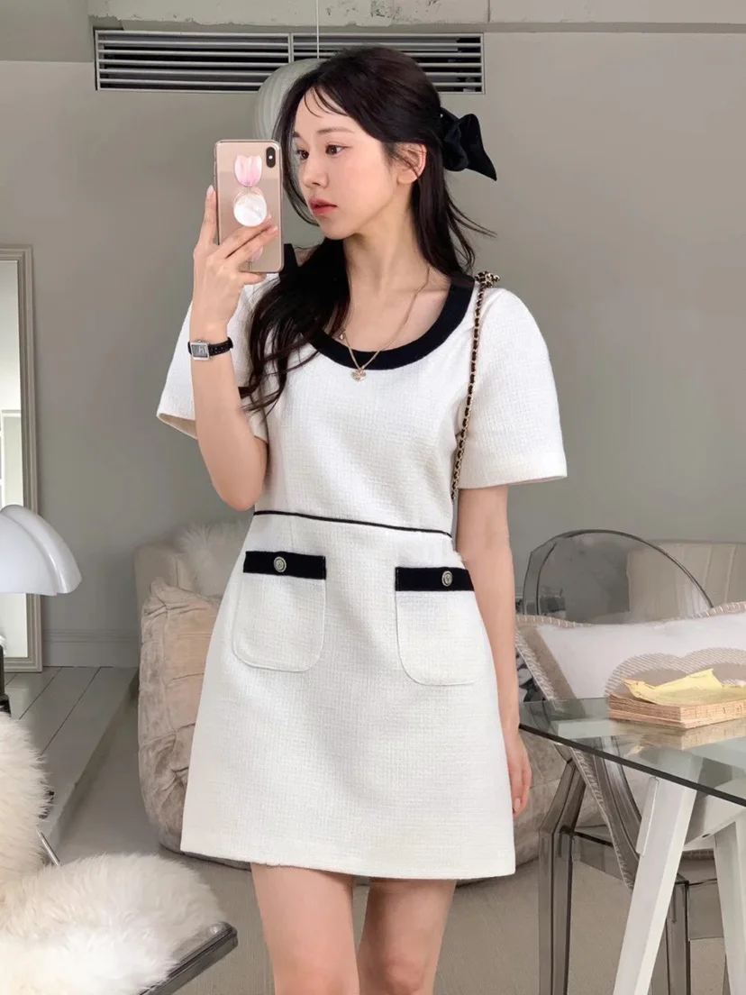 

Summer Fragrant Round Neck High Waist Double Pocket Short Sleeve Dress Women