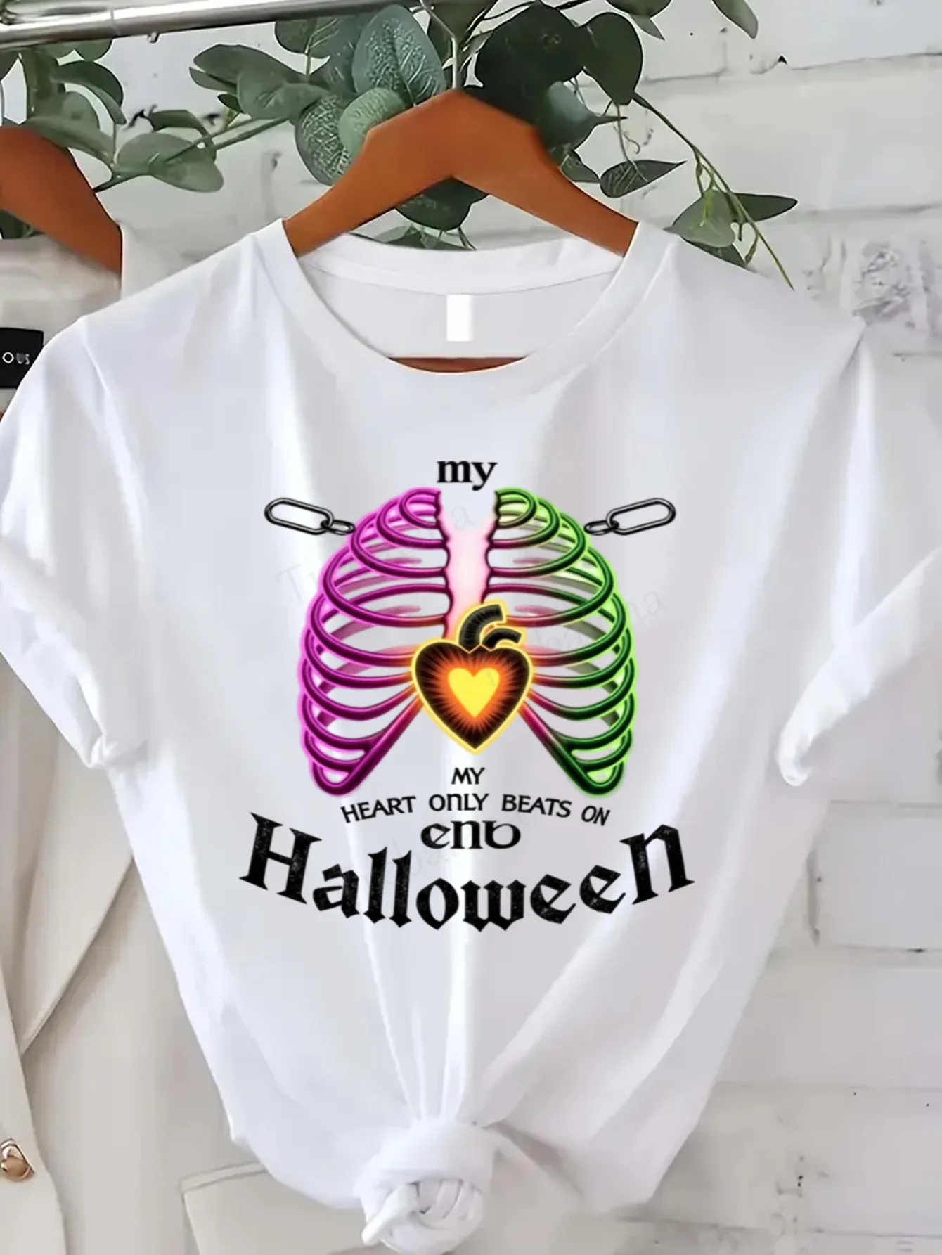 

Round Neck T-shirt Halloween Heartbeat T-Shirt Women Plus Size Spooky Fun Costume Top Short Sleeve Tee Fashion Casual Top