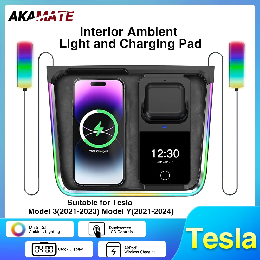 For Tesla Modifications Parts Model 3 Model Y Center Console Ambient Light  2 in 1 Wireless Charging Phone Air Pods Dynamic Lamp