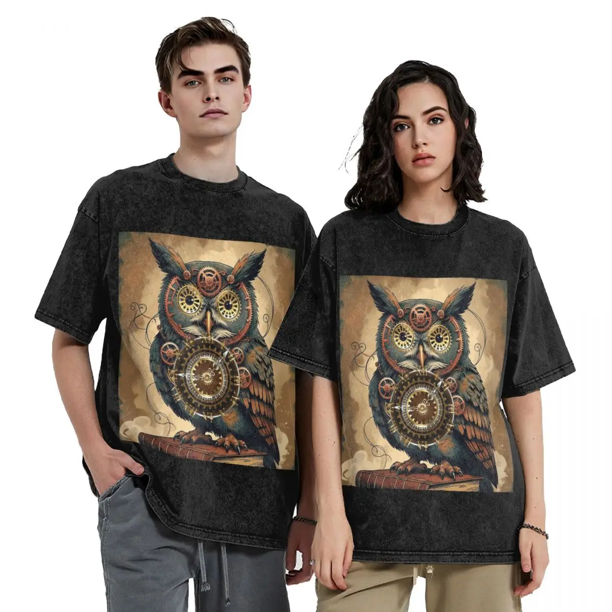 Steampunk Owl With Clock And Gears Hip Hop Short Sleeve T-Shirts Washed Tops Tees Streetwear T Shirt Printed for Men Women