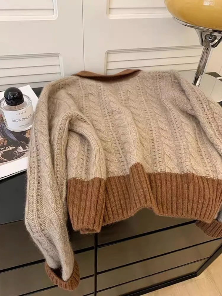 Sweter damski z dzianiny w stylu retro, luźny, swobodny, miękki i przytulny, idealny na wiosnę i jesień, długi rękaw, jednolity kolor.