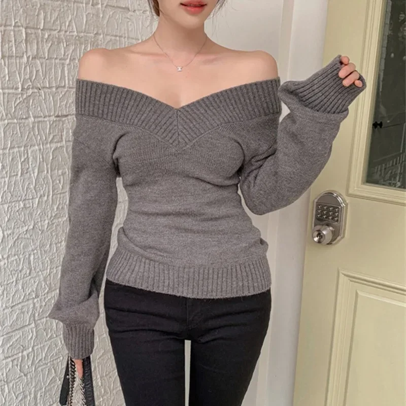Korean Dongdaemun Spring Summer New Style V-neck Solid Color Sweater Long Sleeve Women's Knitted Wear Slim Fit Personality