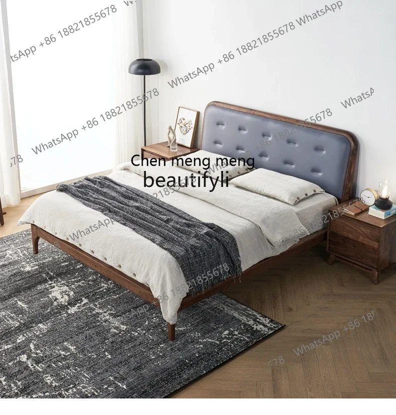 D178 Nordic Solid Wood 1.8 M Double Master Bedroom North America Black Walnut Wooden Headboard Genuine Leather Marriage Bed
