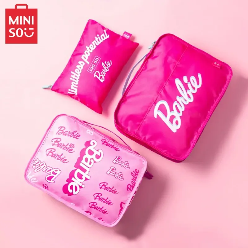 MINISO Barbie Sunlight Shining Anime Kawaii Womens Travel Storage Bag Three Piece Set Cute Cartoon Makeup Wash Bag Package Gift