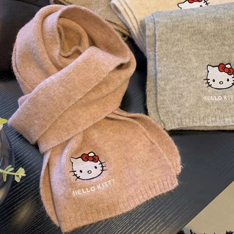 Genuinely Authorized Hellokitty Knitted Embroidered Scarf Cartoon Cute Autumn Warm Soft Cold-proof Scarf Student Girl Gift