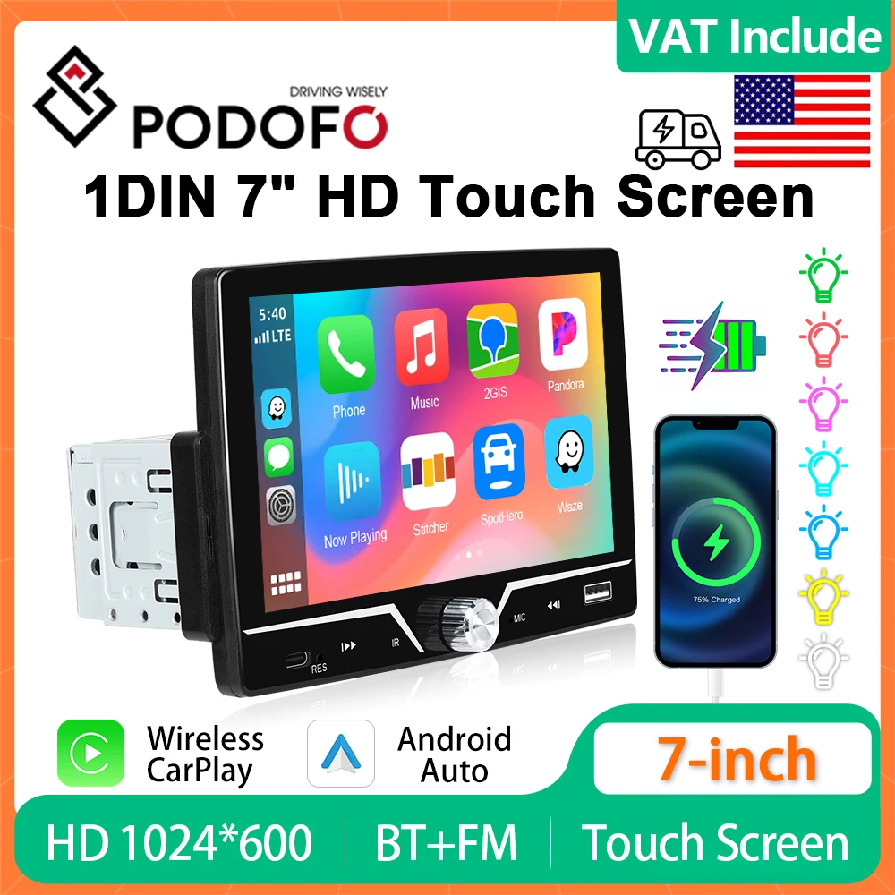 Podofo 7 "1Din CarPlay أندرويد راديو السيارة التلقائي الوسائط المتعددة فيديو MP5 لاعب شاشة تعمل باللمس العالمي Autoradio ستيريو USB شحن #1