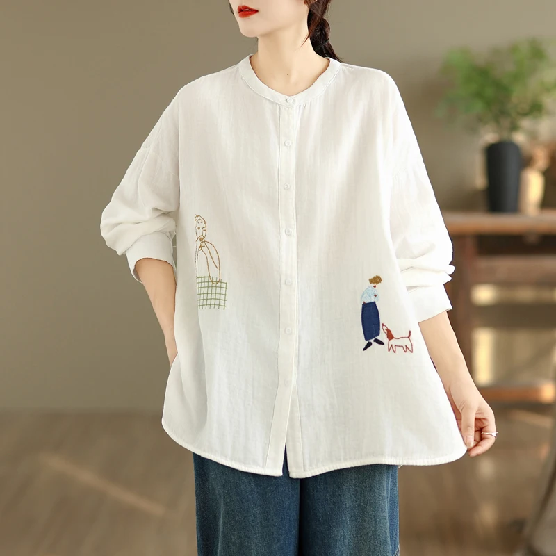 

New Artistic Fun Embroidered round Ne Long Sve irt Women Loose Cotton Yarn Baby Cotton Open Cardigan irt Versatile