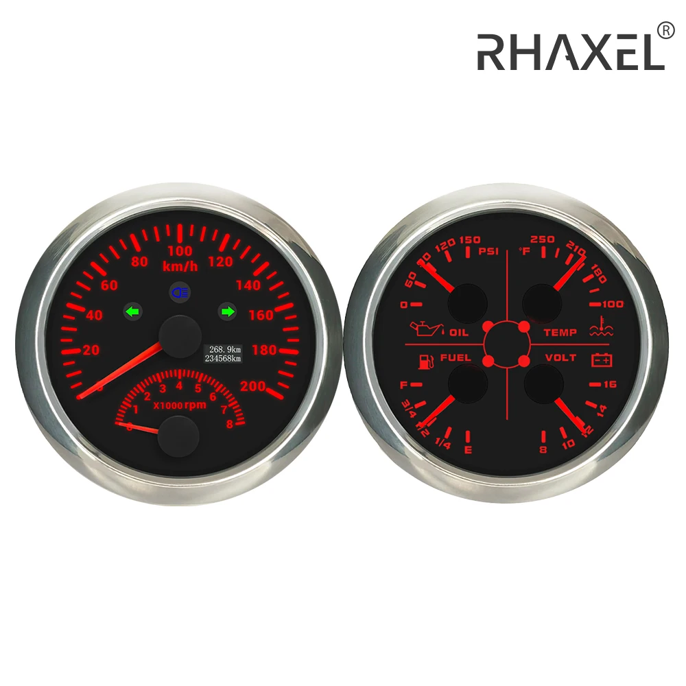 

RHAXEL 2 манометра, 85 мм, спидометр, GPS, 200 км/ч, тахометр, 8000 об/мин, уровень топлива, температура воды 100-250 ℉ Вольтметр давления масла