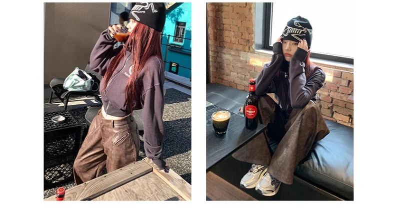 Lautaro Spring Long Loose Casual Soft Distressed Brown Pu Leather Wide Leg Pants for Women High Waist Korean Style Fashion 2024