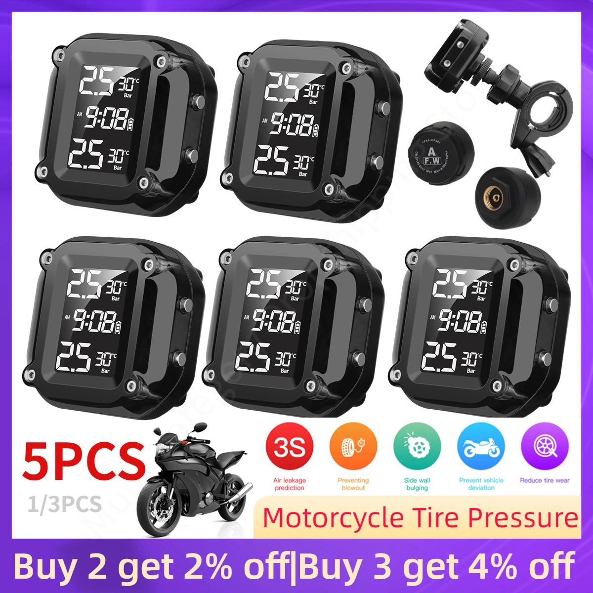 Motorcycle Tire Pressure Sensor TPMS 2 External Sensor Wireless Motorcycle Tire Pressure Monitoring System Motor Accessories