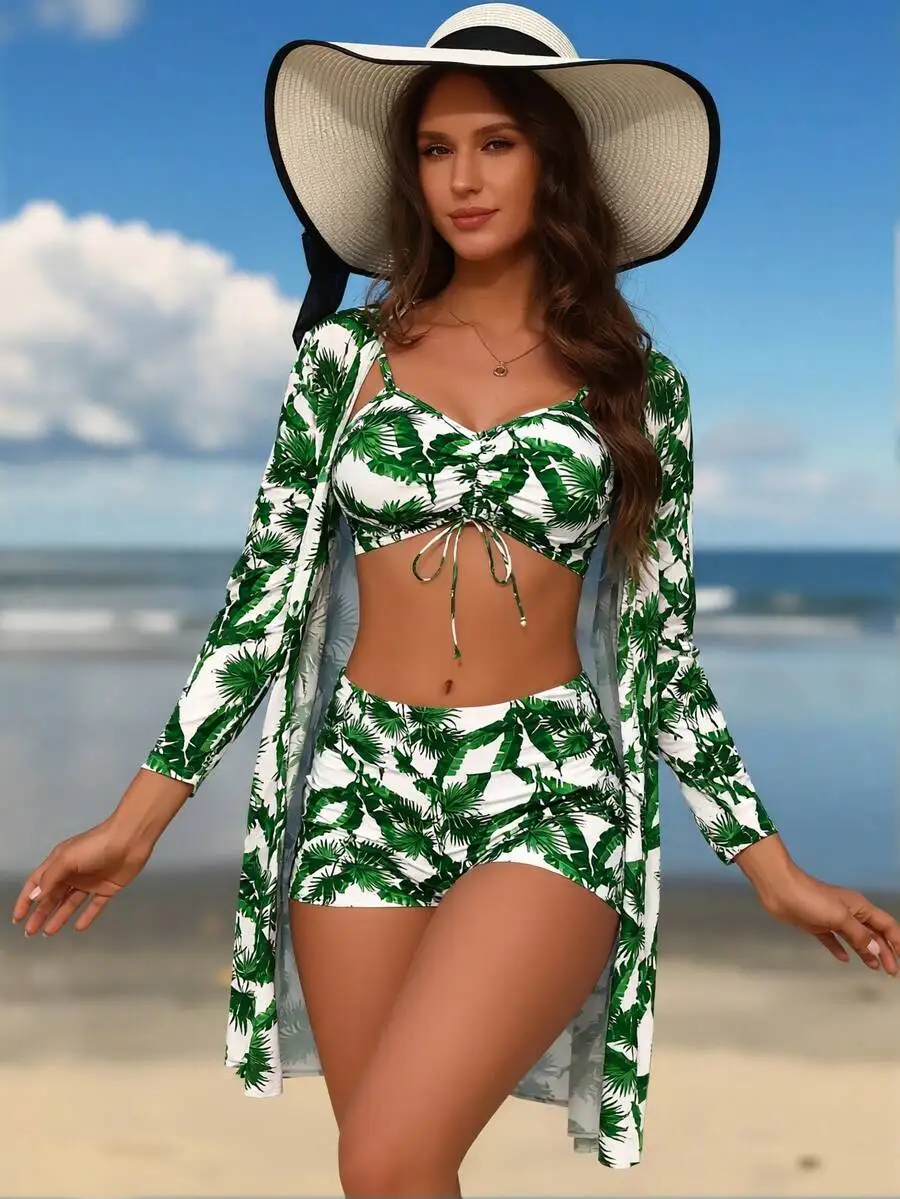 

Womens Tropical Leaf Print 3-Piece Swimsuit Set With Ruched Tie Top And Mesh Cover Up