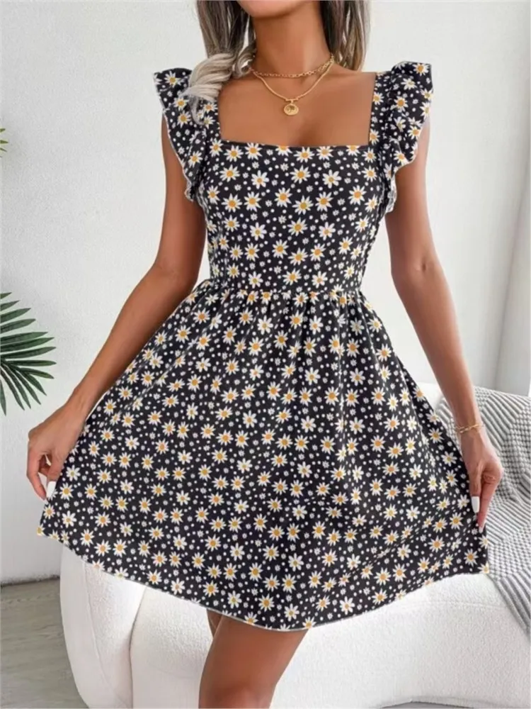 Spring Summer New Women's Fashion Printed Square Neck Butterfly Bow Big Swing Sexy Lace Up Backless Sleeveless Dress