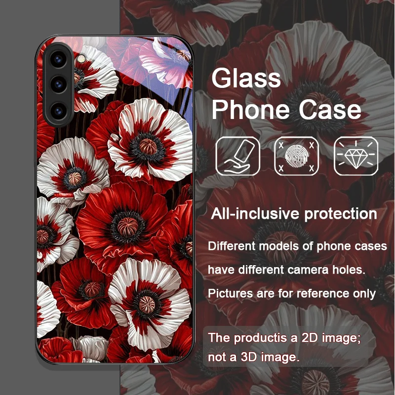 Retro Poppy Flower Bloom Hot Red Printed Tempered Glass Phone Case for Samsung Galaxy S26 S25 Ultra S24 S23 Plus S22 S21FE Cover - view 6