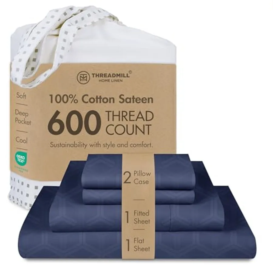 

100% Cotton Sheets for Size Bed - 600 Thread Count Bed Sheets Set with 16" Deep Pocket - Jacquard Sateen Weave 4-Piece Bedding