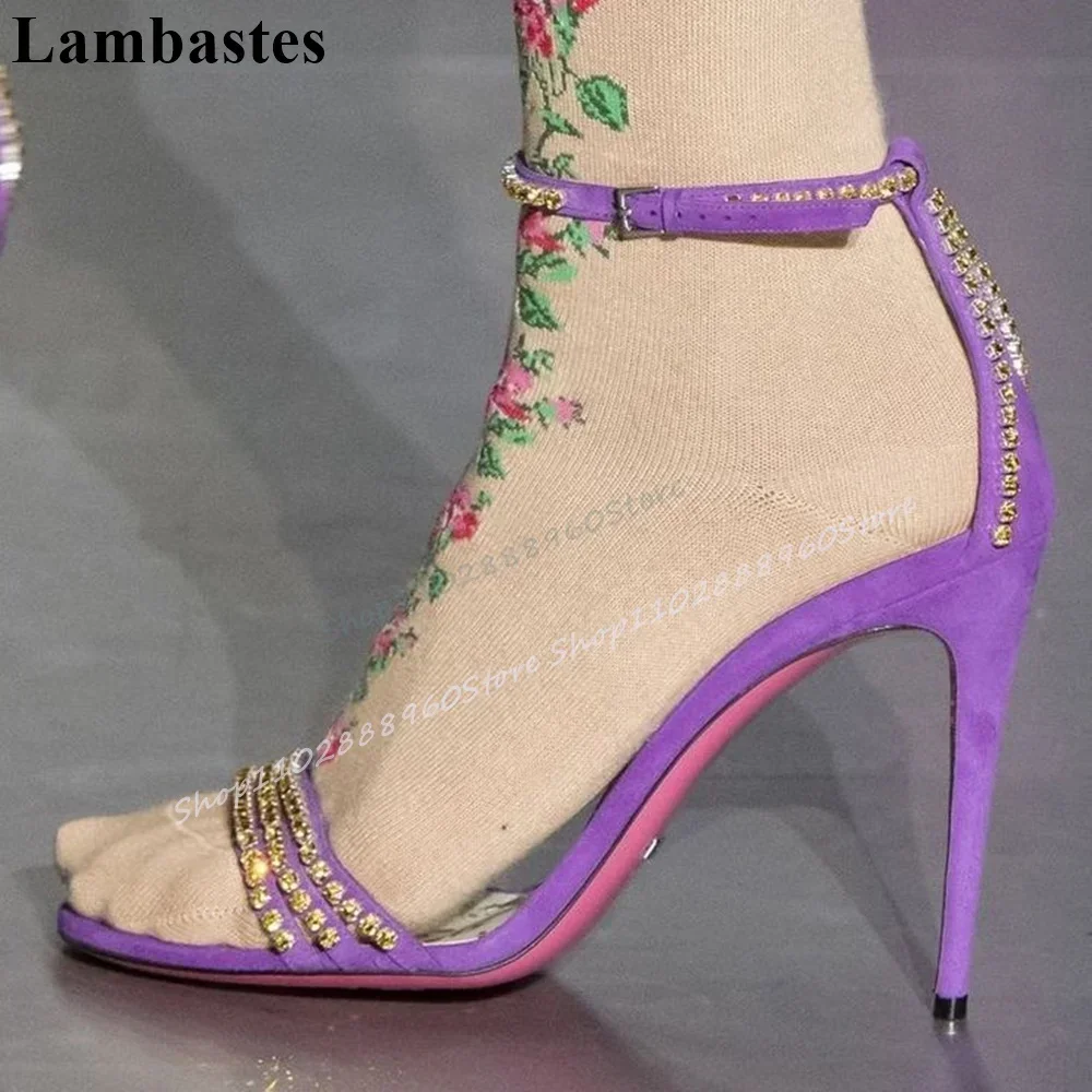 

Trendy Purple Sparkling Crystal Decor Sandals Thin High Heel Women Shoes Ankle Buckle Strap Open Toe 2025 Zapatos Para Mujere