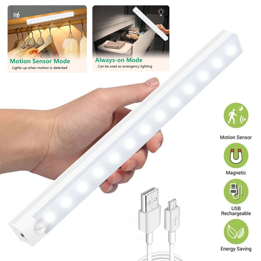 LED Motion Sensor Light USB Rechargeable Night Lamp Wireless Closet Light Wardrobe Lamp Staircase Backlight For Kitchen