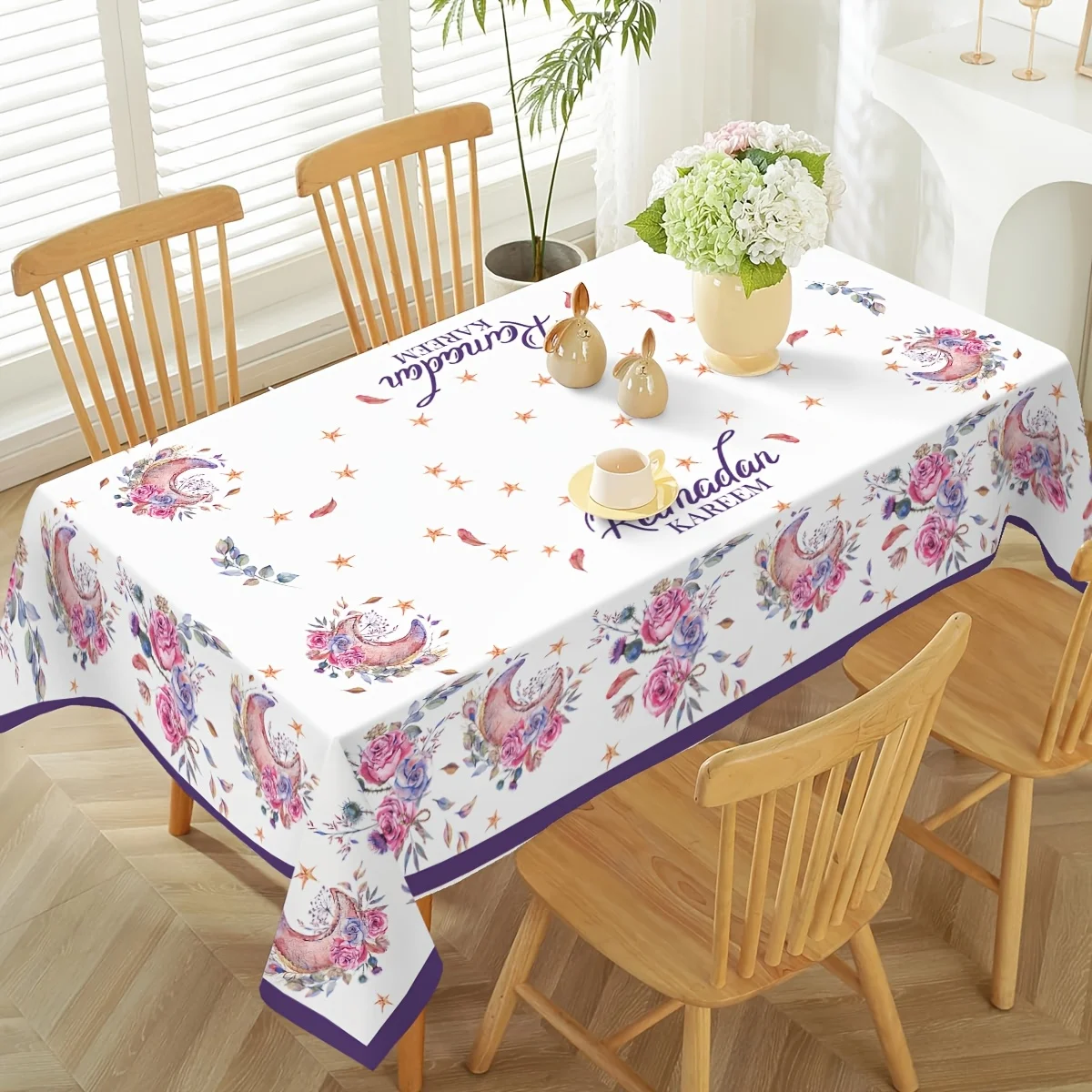 Ramadan Eid Tablecloth Islamic Star and Moon Floral Design, Polyester, Machine-Woven for Kitchen Table Home Decoration