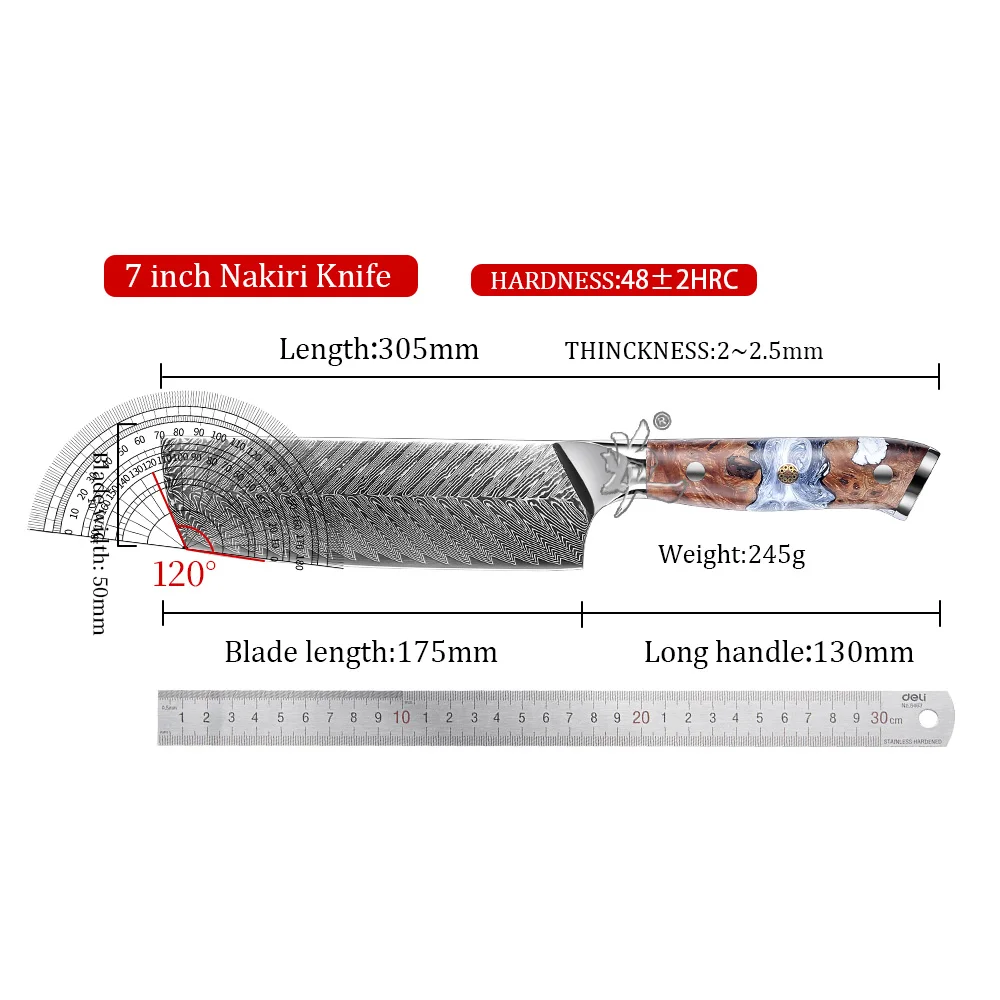 YAN Professional 7 Inch Japanese Damascus Steel VG10 Knife Nakiri Knife Chef Kitchen Knife Set Maple Burl and Resin Handle