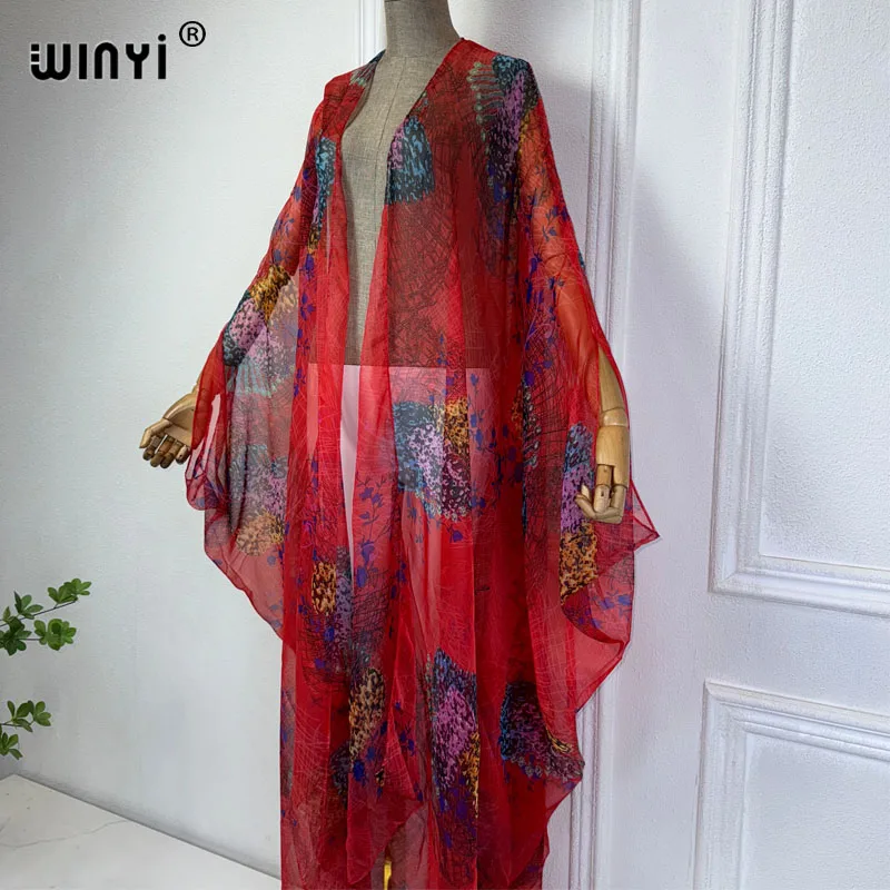 Imagem -04 - Winyi-print Kimono Bikini Cover-ups Boho Maxi Dress Perspective Sexy Loose Holiday Kaftan Vestidos para Mulheres Cardigan de Tamanho Livre Novo