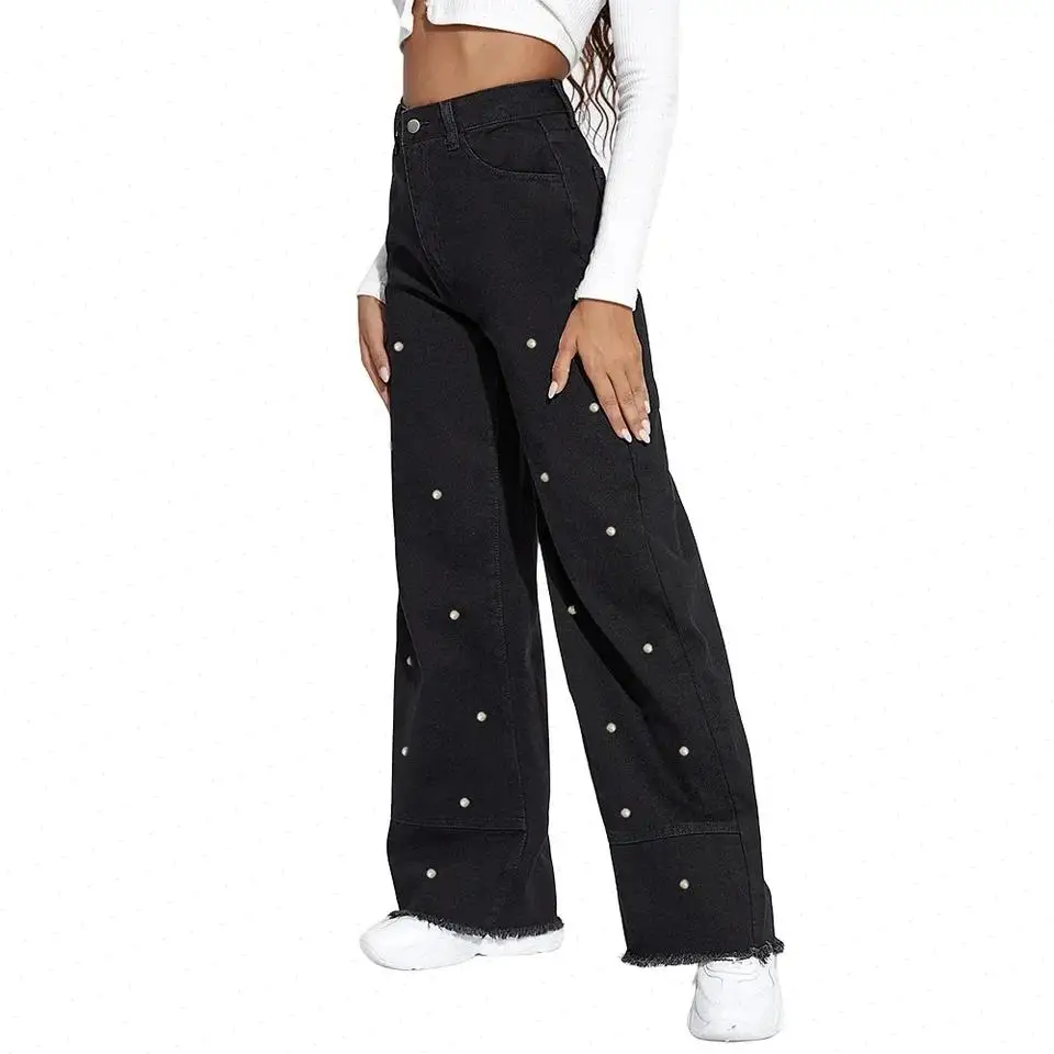 Jeans Women Pearls Wide Leg Pants High Waist Washed Distressed Tassels Spliced Pockets Vintage Denims 2025 Streetwear Trousers