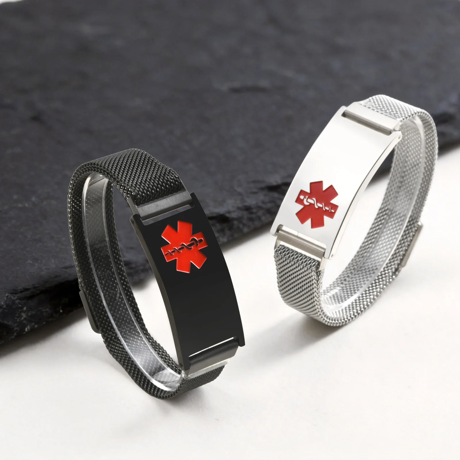 Magnetic Medical Alert Bracelets for Men Women Teenagers,15-24CM Customize Stainless Steel Mesh Emergency Medical ID Wristband
