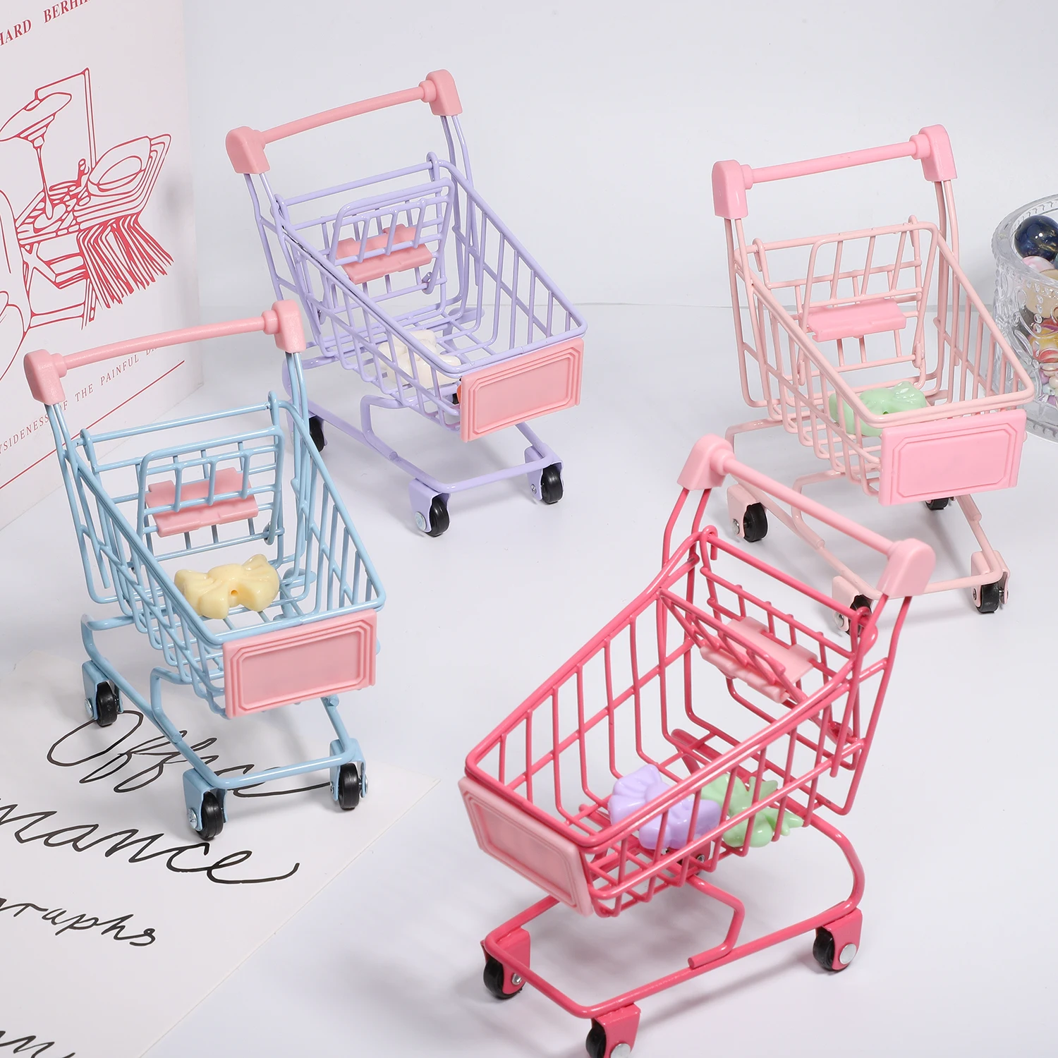 1pc Multicolor Mini Shopping Cart Storage Organizer Funny Small Gift Container Candy Packaging Mini Cart Jewelry Storage basket
