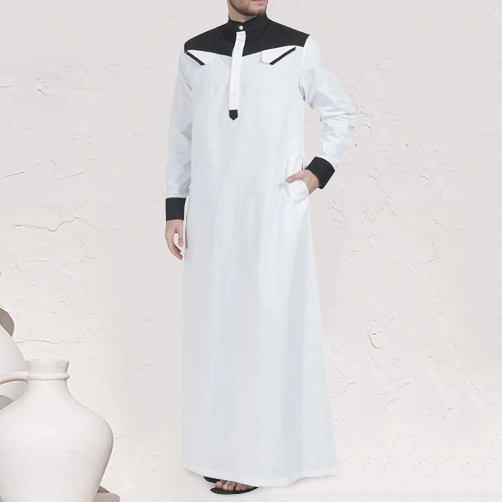 

Traditional Muslim Clothing Contrast Color Muslim Dress Middle East Jubba Thobe Men Robe w/ Long Sleeves Mandarin Neck