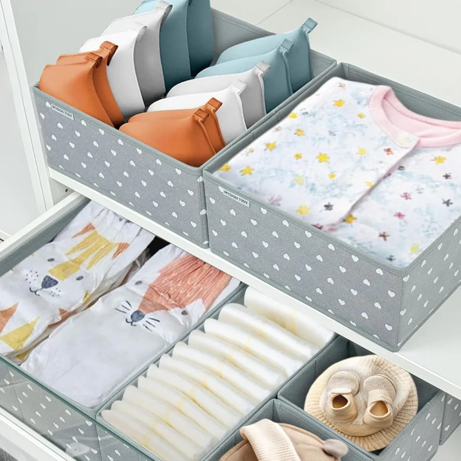 12팩 패브릭 서랍 정리함 유아용품 보관 솔루션 그레이 하트 패턴 천 서랍 칸막이 정리에 이상적