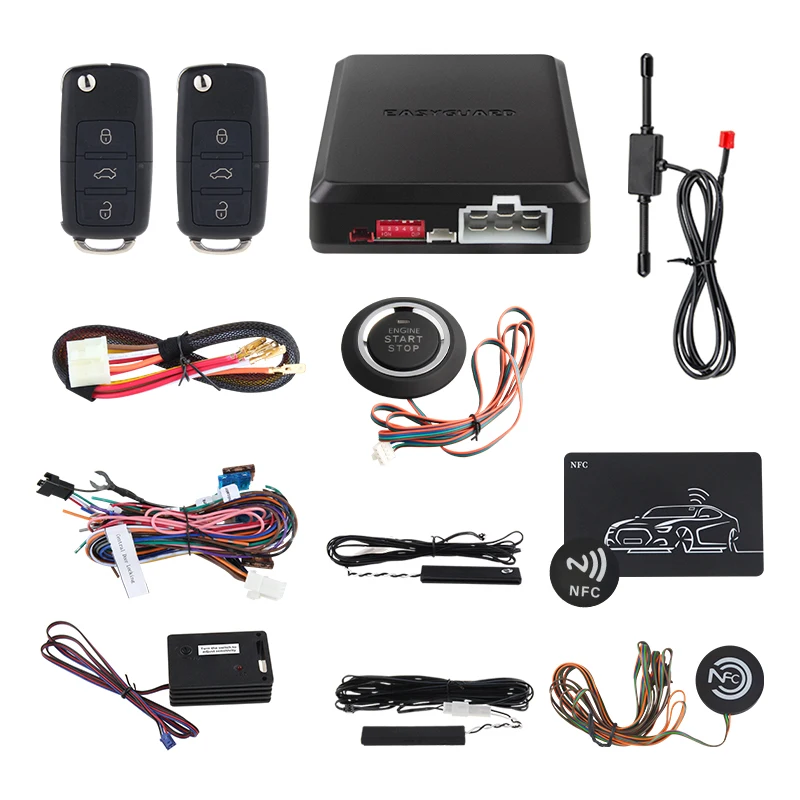 

EASYGUARD Интеллектуальная автомобильная сигнализация с кодом удаленного стартера, кнопка запуска и остановки, центральный замок, пароль, датчик удара, 12 В постоянного тока