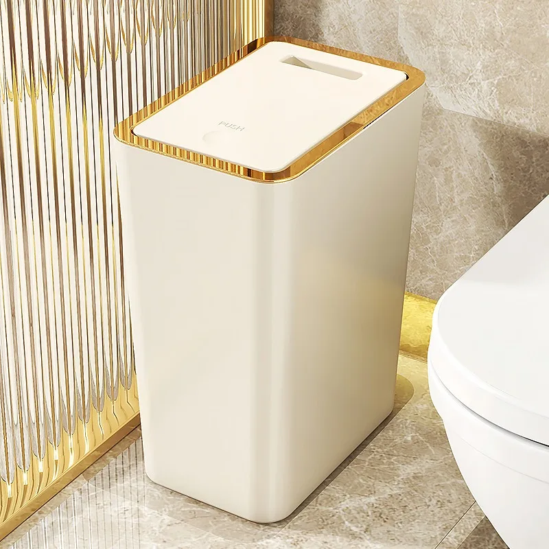 Trash can with lid, household high-end light luxury toilet, kitchen bathroom, large press narrow slot trash can