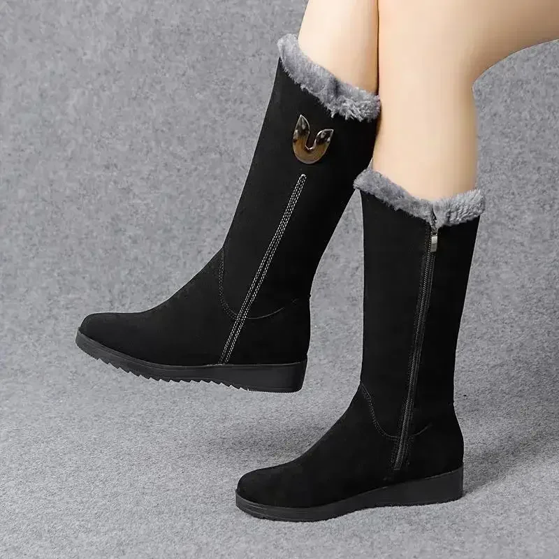 New Warm Chelsea High Fur Boots Winter Shoes for Women Fashion Snow Flat Boots Plus Velvet Large Size Mid-calf 41 Botas Mujer