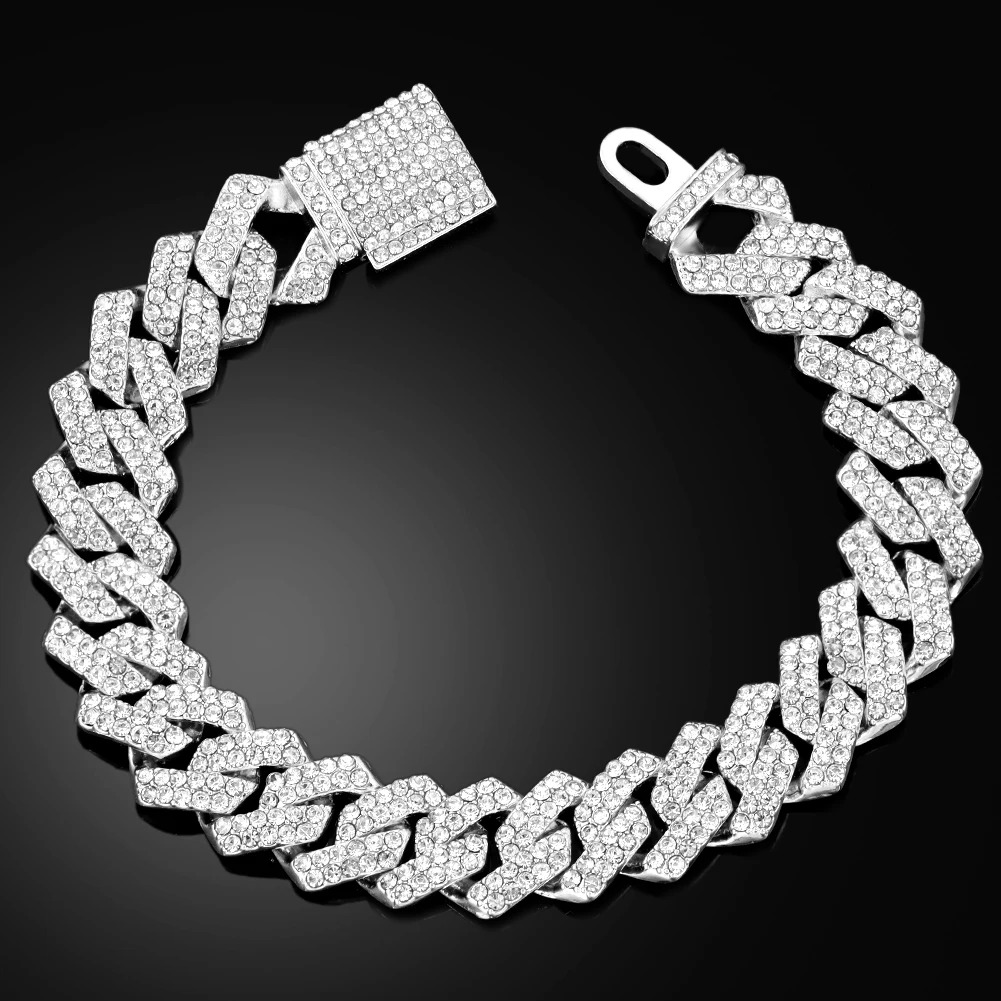 14/20MM Hip Hop Metal Cuban Bracelet Iced Out Chain Bling Full Rhinestone Pave Luxury Crystal Bracelet For Men\'s Jewelry Gift