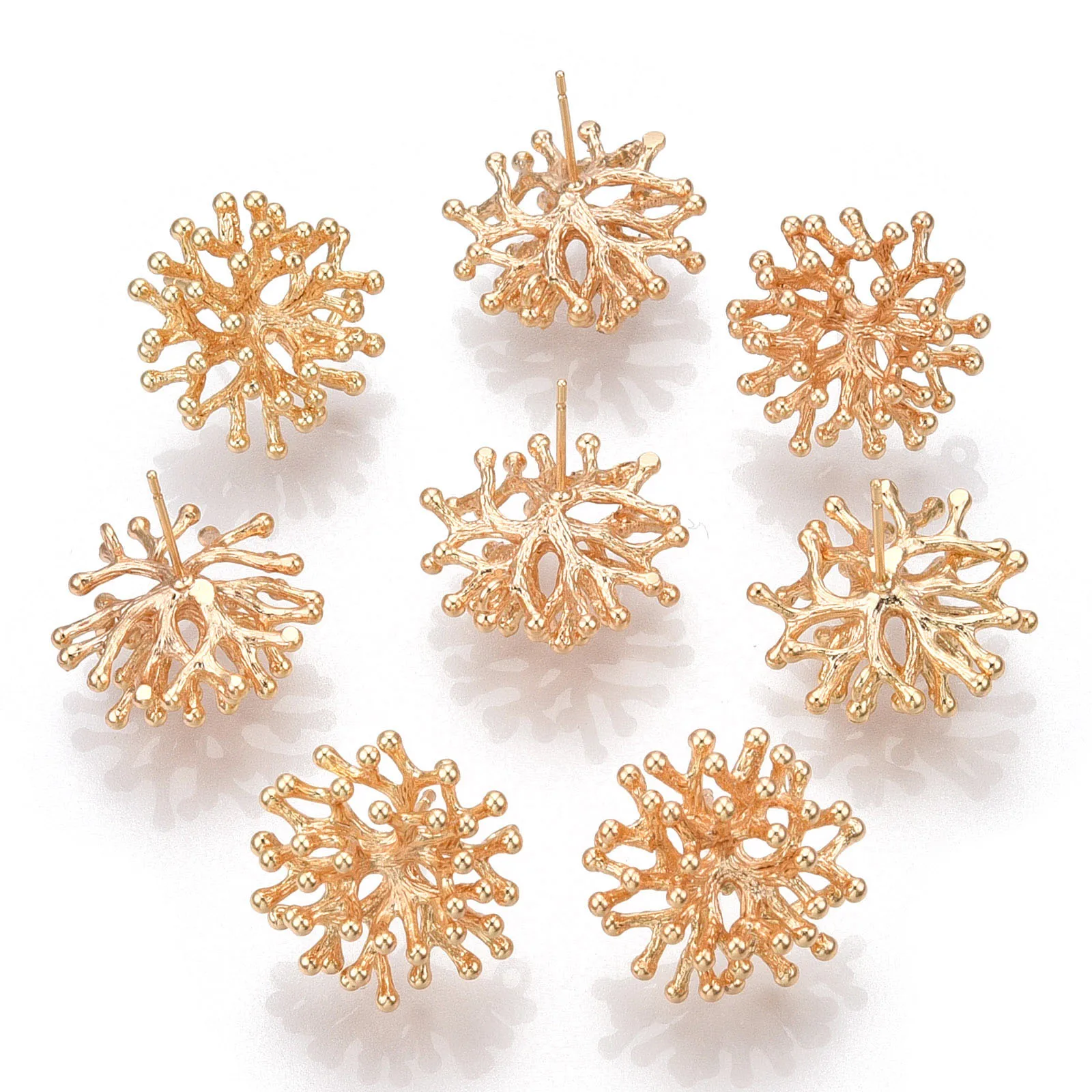 50pcs Coral Shape Brass Stud Earring Findings with Loop Real 18K Gold Plated for Jewelry Making Supplies Crafts 20~21x20~21mm