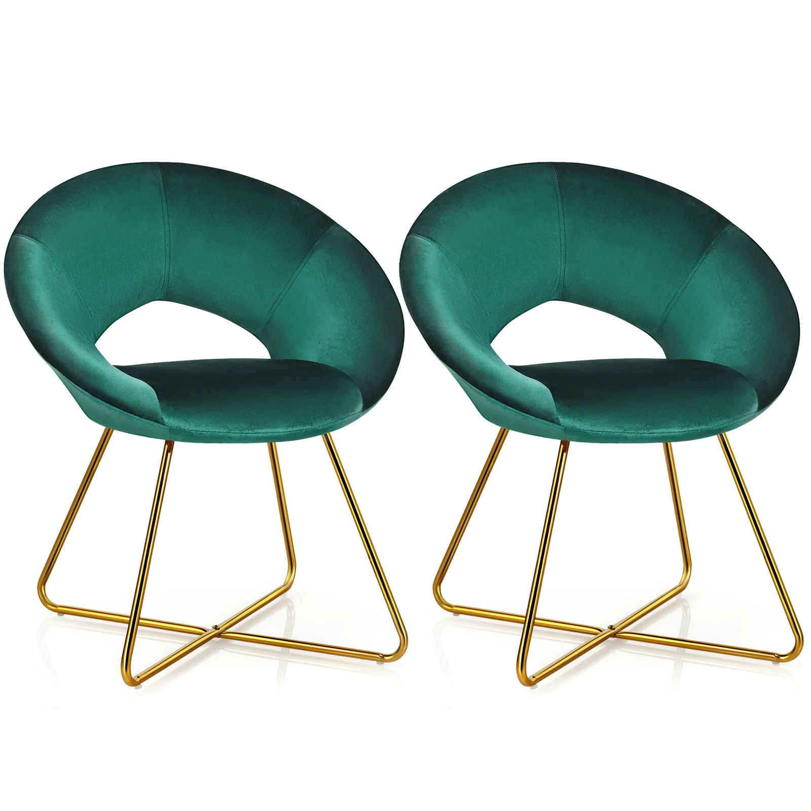 Set of 2 Accent Velvet Chairs Dining Chairs Arm Chair w/Golden Legs Dark Green