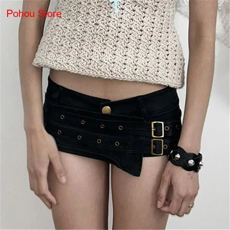 European and American Street Dark Punk Japanese Character Decoration Slim Fit Low Waist Sexy Hip Hugging Ultra-Short Pants Woman
