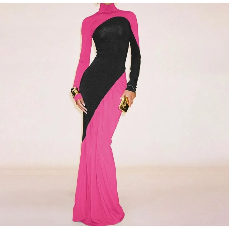 

2025 Lost Wilderness Cool and Stylish Dominant Lady Irregular Color Block Splicing Stand Collar Slim Fit Dress for Women