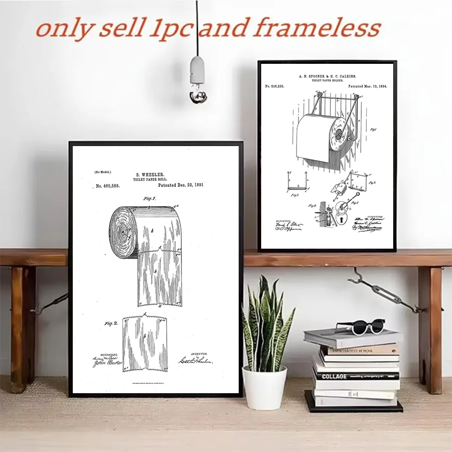 Vintage Toilet Paper Patent Canvas Print Unframed Wall Art Bathroom Decor Black White Line Drawing Funny Home