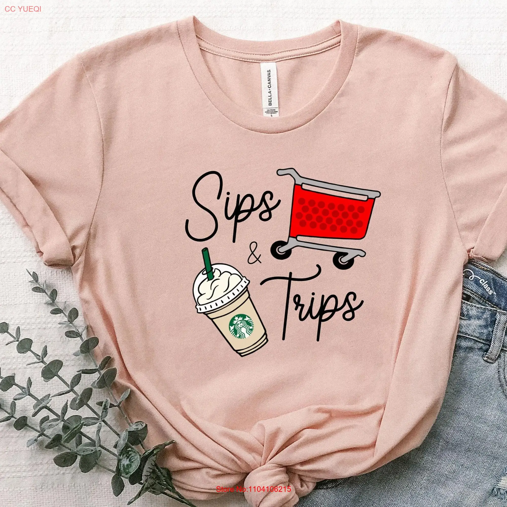 Camiseta de sorbos y viajes para niñas, camisa divertida de compras A juego, de manga larga o corta, para amantes del café