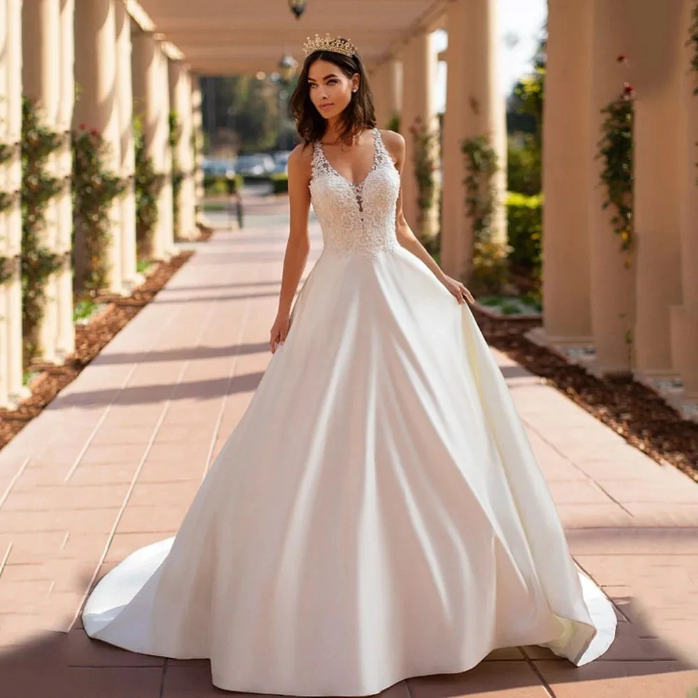 Vestidos de novia con apliques de encaje para mujer, Vestido de baile de línea A con cuello en V, tren de barrido largo con cordones, Vestido Formal de novia para fiesta en la playa