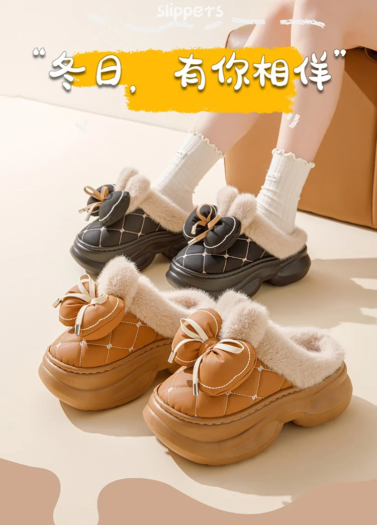 8 cm hohe Pantoffeln für Damen, klobige Plattform, Winter, pelzige Schleifenschuhe, Damen-Hausschuhe aus Kaninchenfell, wasserdichte Hasen-Mules, Clog-Schuhe – Detail 3