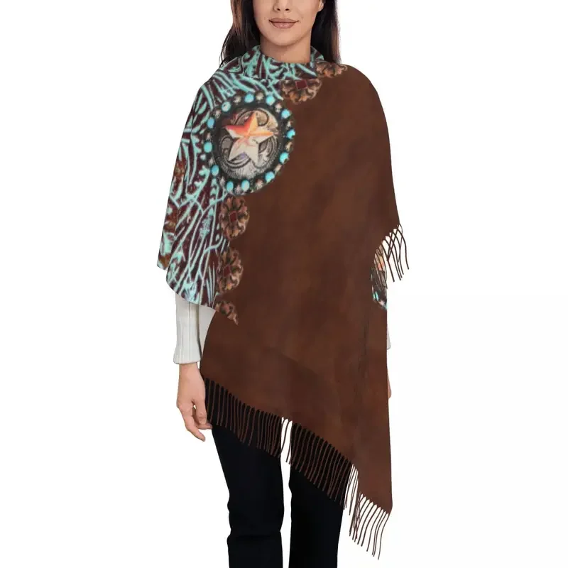 Primitive cowboy Brown turquoise leather scarf women men stylish winter shawl wraps vintage textures tassel wraps