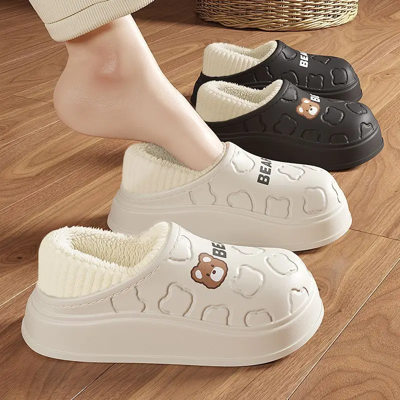 Womens Men Warm Cartoon Bear Slippers Anti slip Soft Sole Indoor House Shoes Breathable Plush Couples Home Bedroom Cozy Footwear
