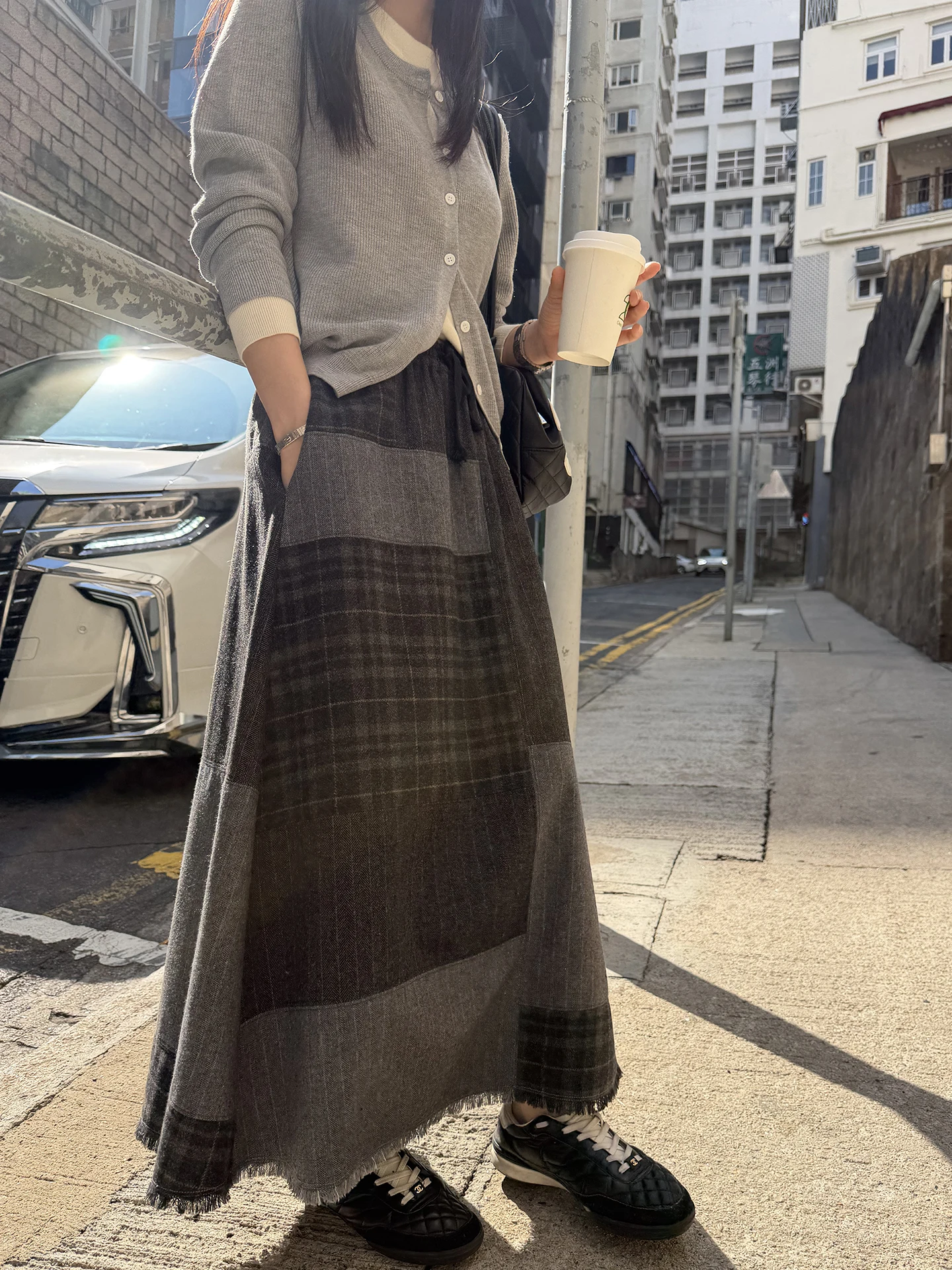 

EKOOL High Waist A-Line Skirt Women's Plaid 30 Wool Loose Slimming Long f-length Korean Sle Spring Faion Casual