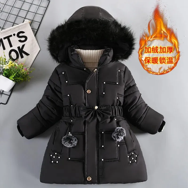 Thick Keep Warm Winter Girls Jacket Detachable Hat Plush Collar Hooded Padded Lining Coat For Kids Children Birthday Present