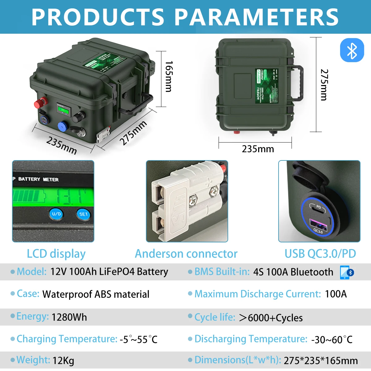 Batería LiFePO4 12V 100Ah 140Ah 12,8V Bluetooth BMS 6000+ ciclos USB 3,0/carga PD impermeable IP56-UE sin impuestos entrega en 7-10 días