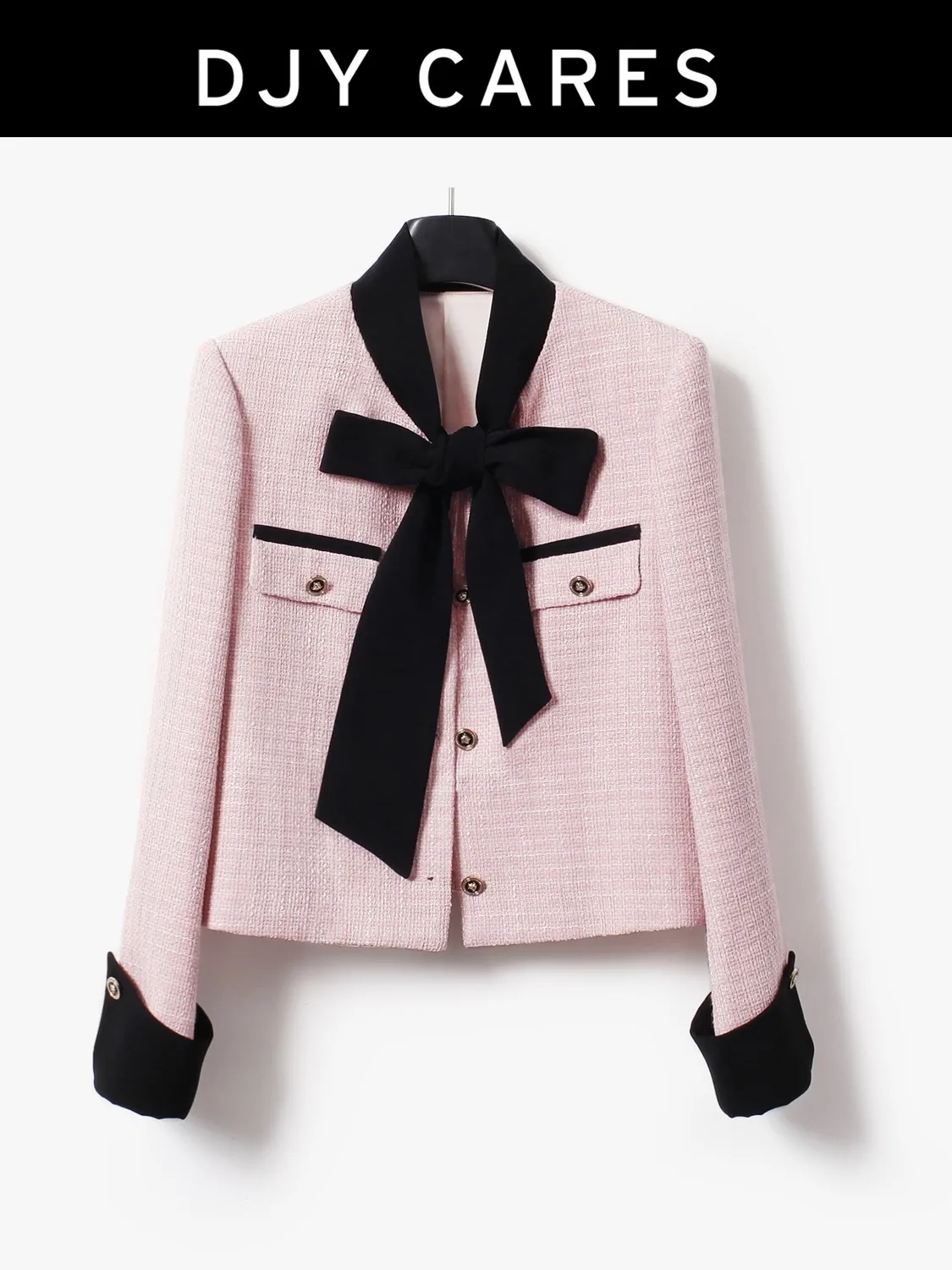 

New Coarse woolen heavy industry butterfly tie jacket black pink top big size
