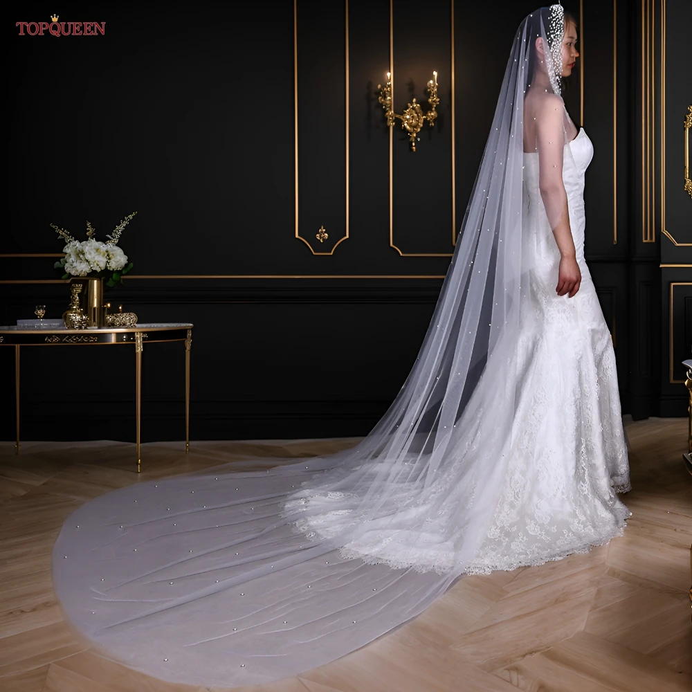 TOPQUEEN V207 Pearls Wedding Veil 1 Tier Long Bridal Cathedral Veil With Pearls Mantilla Luxurious Tulle Crystal Bride Veil