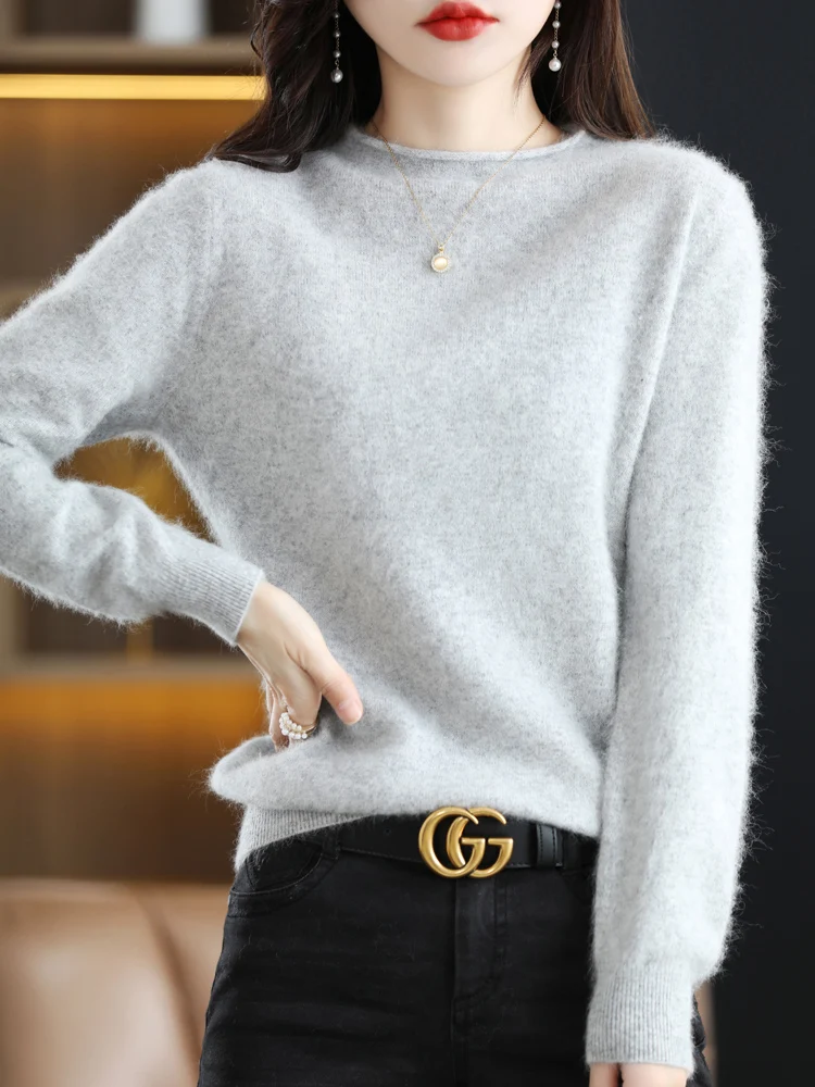 100%Mink Cashmere Sweater Autumn Winter New Knitted Pullover Women O-Neck Loose Sweater Casual Long Sleeve Thick Tops Base Shirt