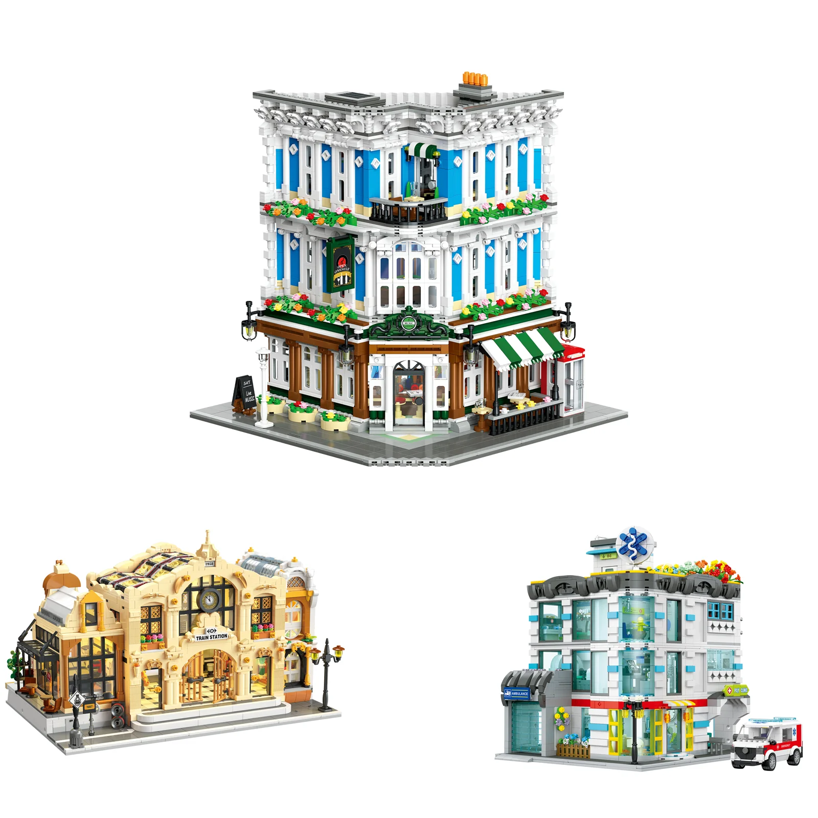 

DIY architectural model city street scene series hospital club train station light building blocks ornaments birthday gift